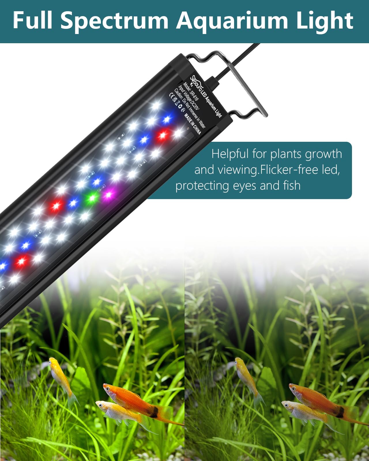 SEAOURA Led Aquarium Light for Plants-Full Spectrum Fish Tank Light with Timer Auto On/Off, Adjustable Brightness, White Blue Red Green Pink LEDs with Extendable Brackets for Freshwater (30-45cm)