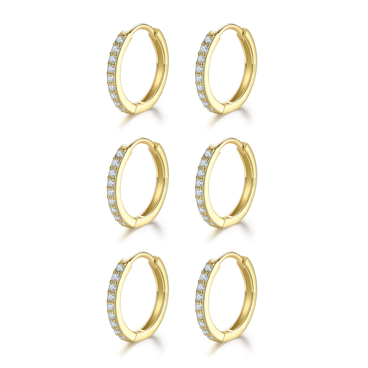 Cartilage Earring Hoop Gold Plated Sterling Silver Small Hoop Earrings Cubic Zirconia Cuff Huggie Mini Piercing for Women 3 Pairs 8mm