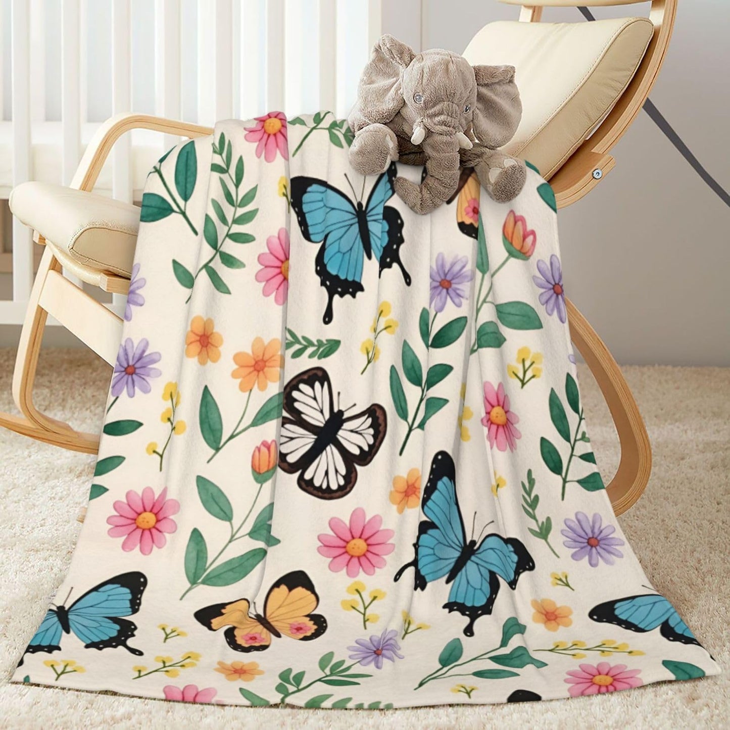 Perinsto Floral Butterfly Throw Blanket Ultra Soft Warm All Season Wild Flower Green Plant Decorative Fleece Blankets for Bed Chair Car Sofa Couch Bedroom 50"X40"
