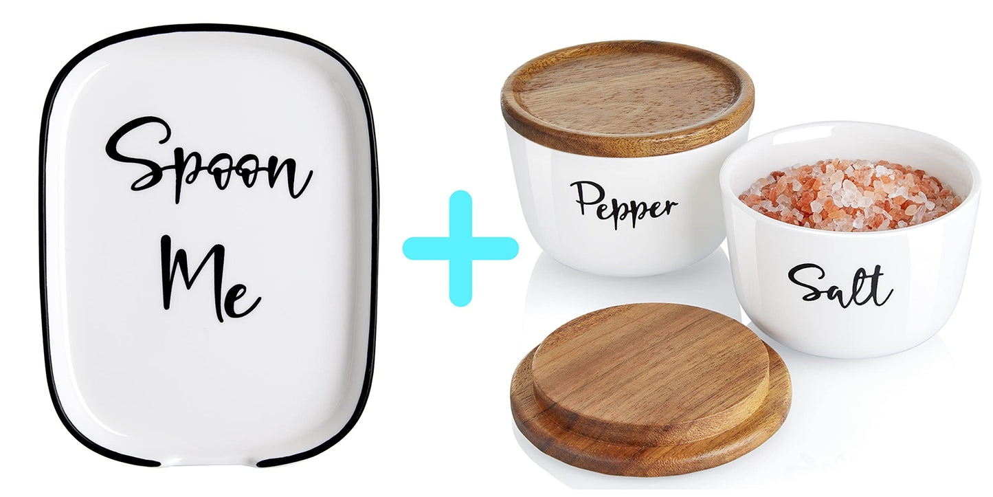 Ceramic Spoon Rest for Stove Top, Extra Large Spoon Holder, Farmhouse Spoon Rest for Kitchen Counter, White Bundle Farmhouse Salt and Pepper Bowls, 10 oz Ceramic Salt Cellar with Wooden Lid
