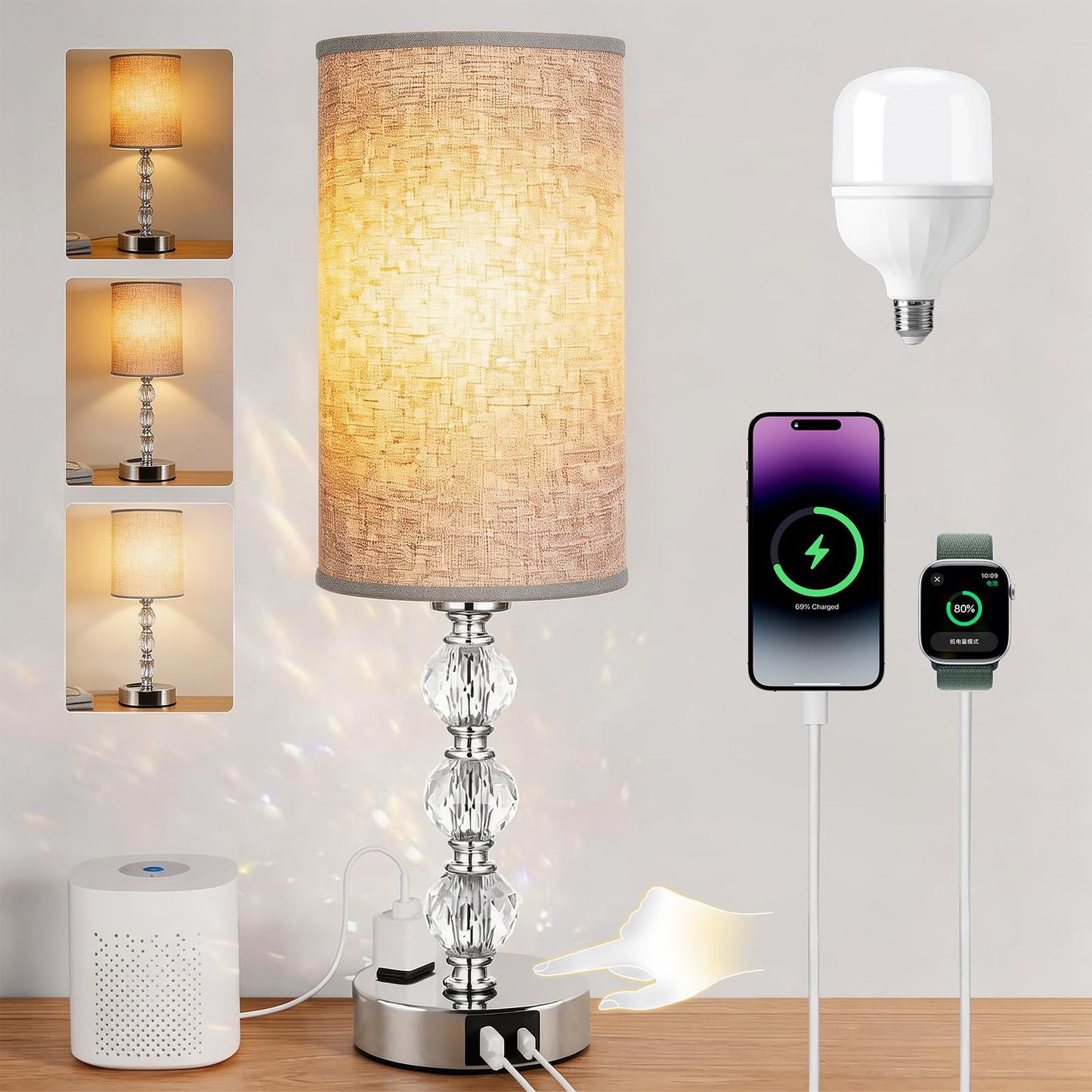 Wiomonrew Crystal Table Lamp 14.6", 3-Way Dimmable with Touch Control, USB Charging Ports & AC Outlet, Bulb Included, – 3000K Warm White for Bedroom Living Room