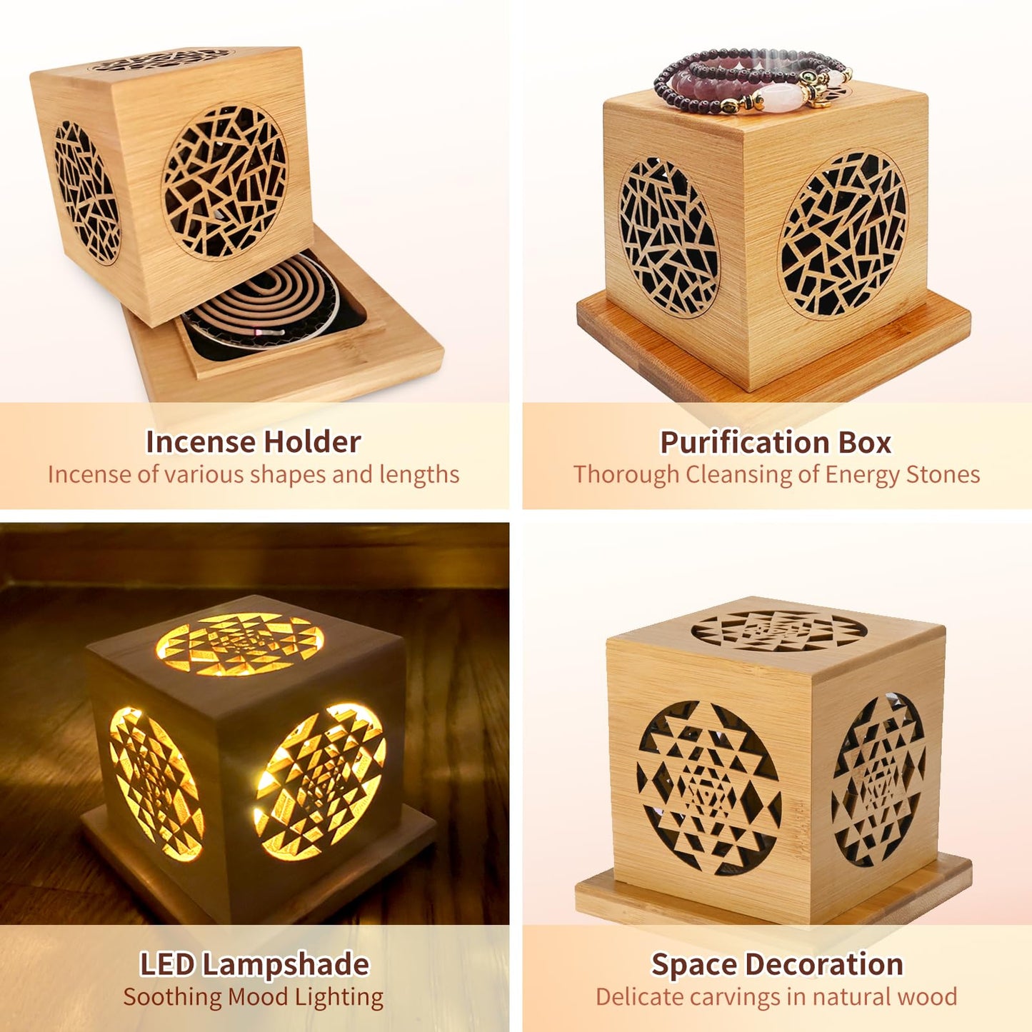 Sereniboo Bamboo Lantern Incense Holder 5-in-1 Incense Burner with Solar LED Candle Natural Bamboo Incense Box for Stick Cone Coil Sage Waterproof Outdoor Lantern for Yoga Meditation Home Decor