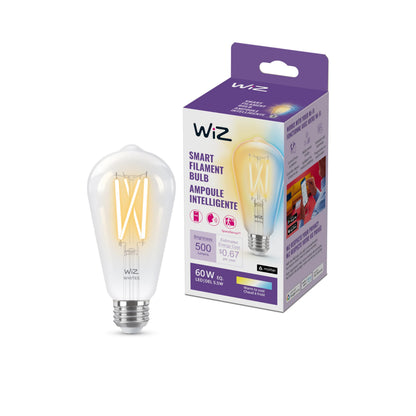 WiZ Clear 60W ST19 Tunable White Filament LED Smart Bulb - Pack of 6 - E26- Indoor - Connects to Your Existing Wi-Fi - Control with Voice or App + Activate with Motion - Matter Compatible