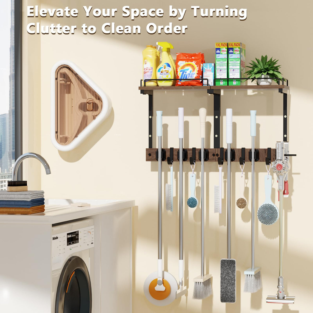 Casremee Mop Holder Wall Mount with Cleaning Supplies Organizer, Wood Mop and Broom Hanger Rack Organizer with Anti-Fall Wall Shelf with 5 Clips & Hooks for Garage Laundry Room Kitchen (Dark)