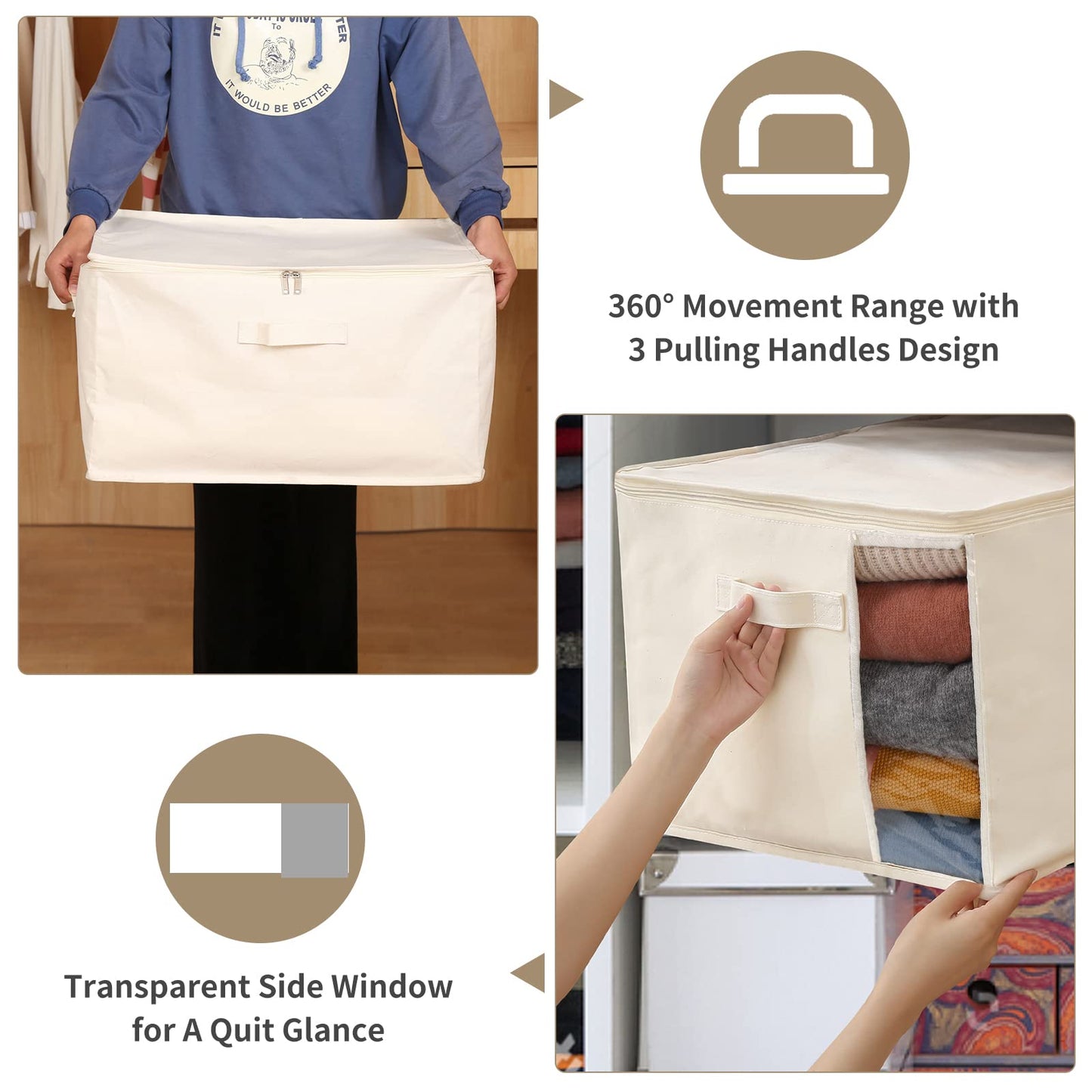 Canvas Comforters Bags Closet Organizers and Storage for Quilts Clothes Organization Containers Bins with Sturdy Zipper, Clear Window 75L for Sweaters Blankets Storage Bedroom Collapsible