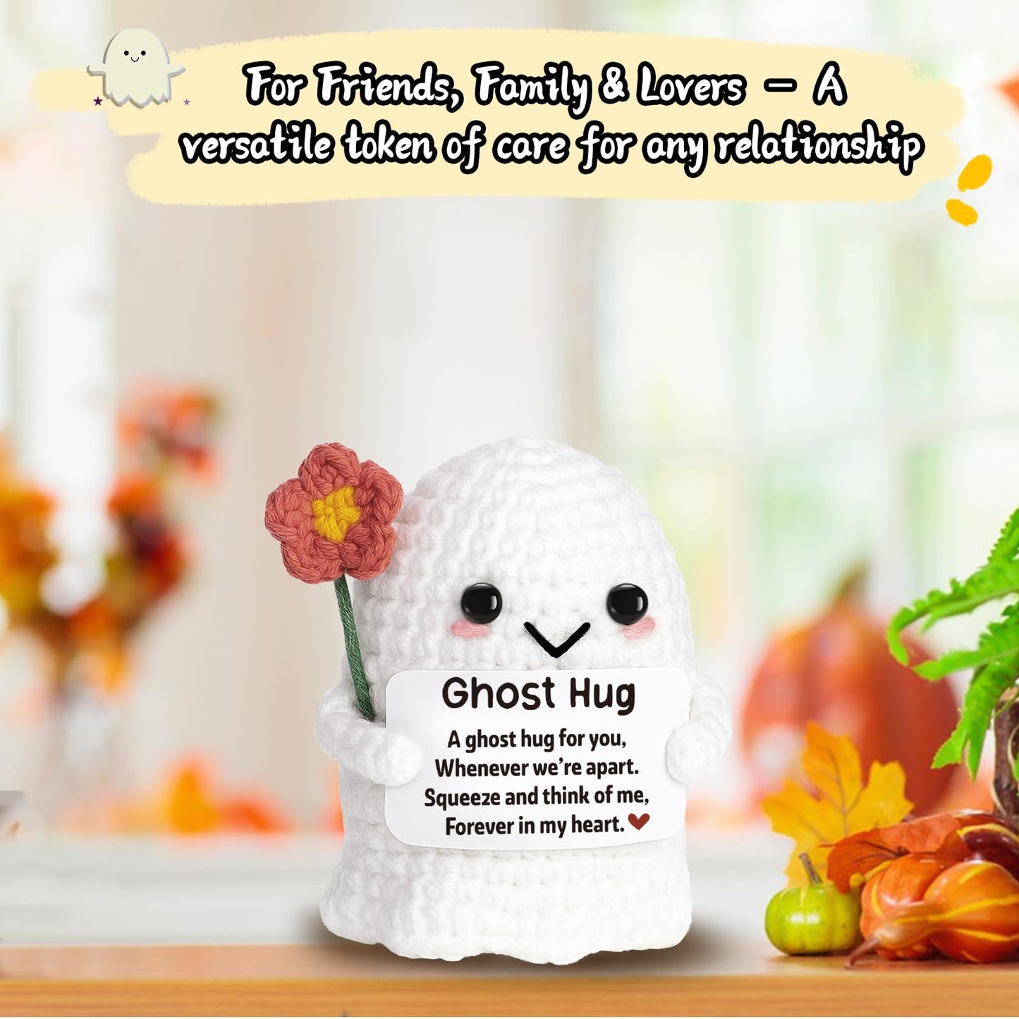 Unique Friendship Birthday Gift for Bestie Her Him – Long Distance Thinking of You Gift for Women Men – Handmade Crochet Ghost Hug Ornament Thoughtful Boo Spooky Relationship Decor for Goodbye