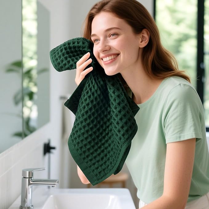 Jacquotha Waffle Hand Towels Set of 2 – Cotton, Quick Dry, Lint Free, 13” x 29”