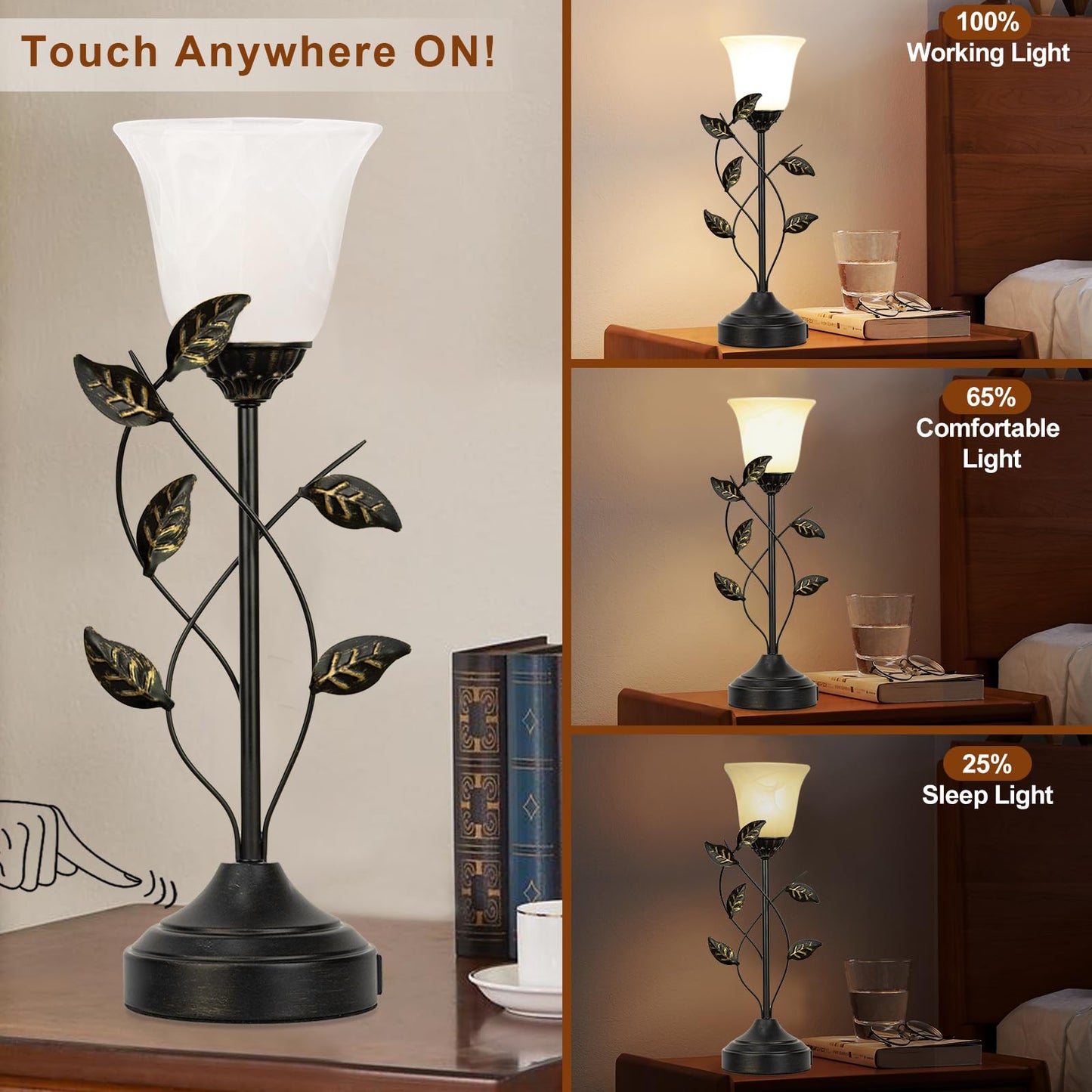20 Inch Table Lamp for Bedroom with White Glass Shade, Retro Leaf Design Bedside Lamps Set of 2, 3-Way Dimmable Touch Control Lamps for Night Stands with USB C+A Charging Ports for Bedroom Living Room