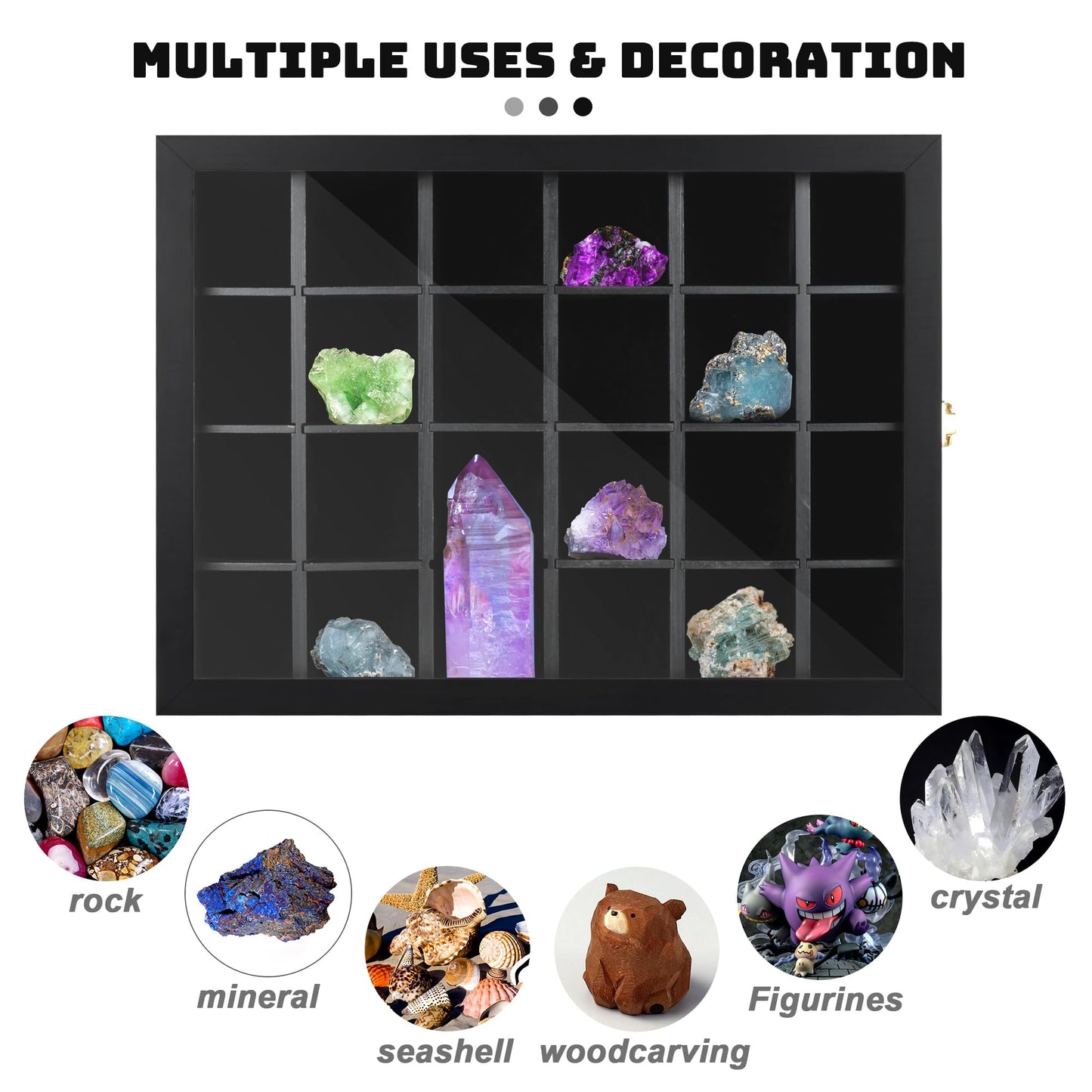 Adjustable Rock Display Case Wall Mounted, Crystal Collection Box with Shelves, Wooden Rock Collection Box for Kid and Collectibles