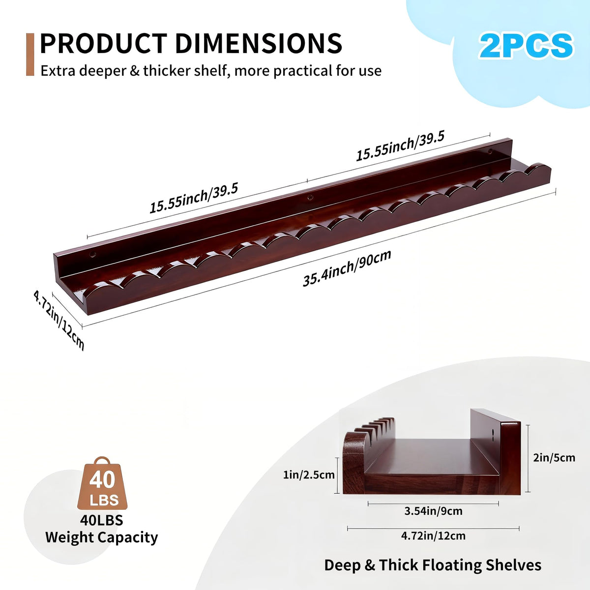 Conamily Walnut Scalloped Book Shelf, Dark Wood Nursery Book Shelves Set of 2 Pine Wooden Floating Bookshelf for Wall Cloud Picture Ledge Shelf for Kids Bedroom Baby Child Toddler Room Kitchen(90cm)