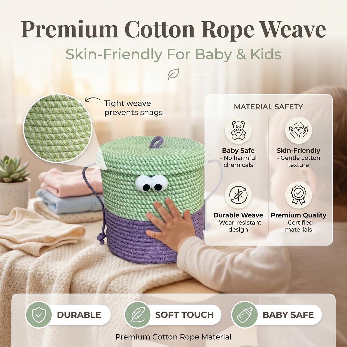 CTESNE Cotton Rope Storage Basket with Lid & Handles, Cute Monster Decor Basket for Nursery, Toys, Diapers, Baby Shower & Easter Gift, 9.8" x 9.8" (Green & Purple)