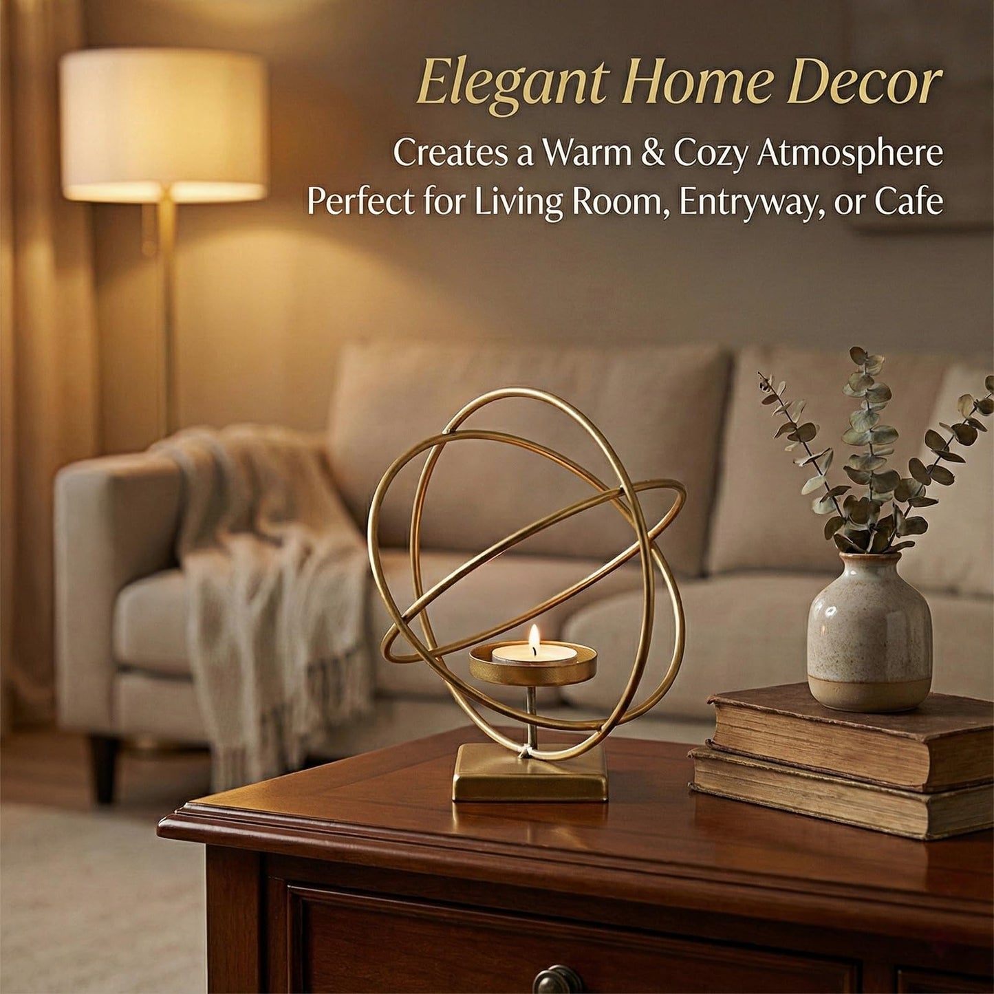 Gold Hurricane Candle Holder – Modern Metal Candle Holder Decor with Geometric Ring Design, Elegant Candle Stand for Pillar Candles & Table Decor, Indoor Decorative Lantern Style Accent