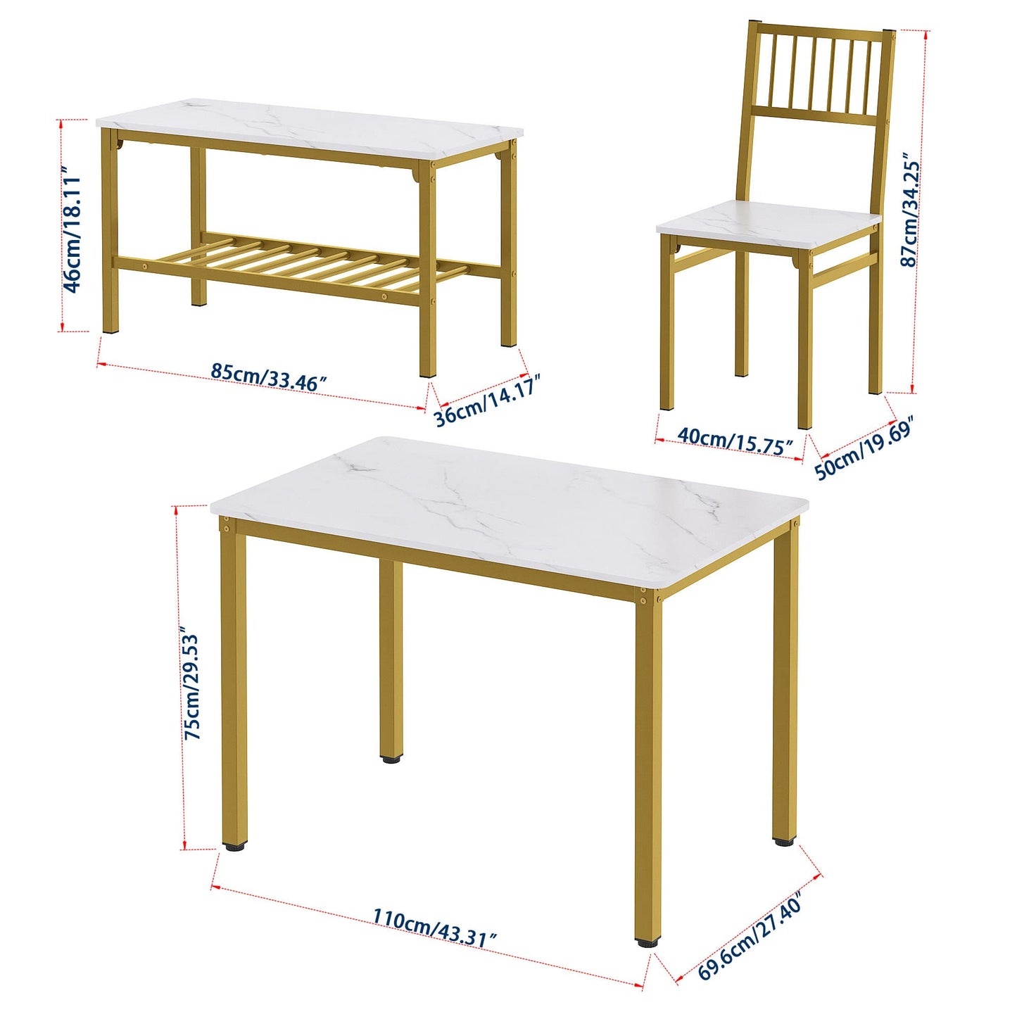 Teraves Dining Table Set for 4/Computer Desk,Kitchen Table with 2 Chairs and a Bench,Table and Chairs Dining Set 4 Picce Set for Dining Room (White Marbling+ Gold Frame,110CM)