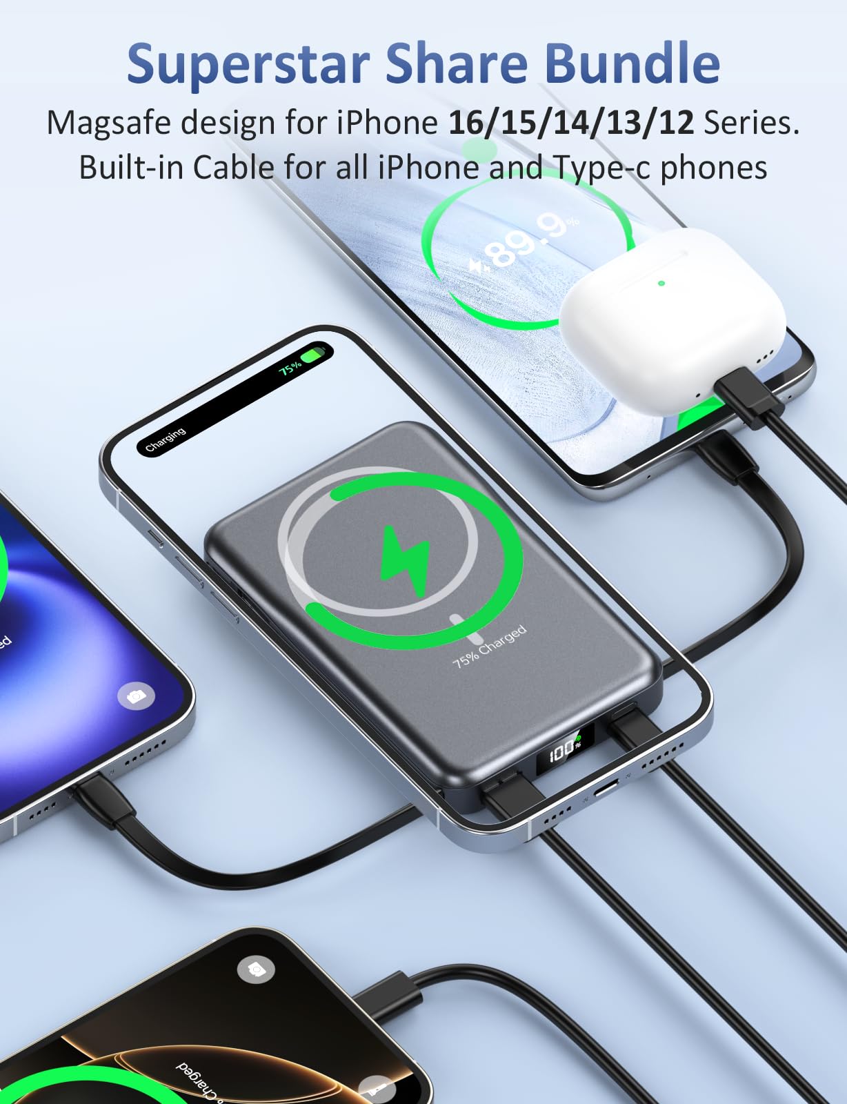 Magnetic Portable Charger, 10000mAh Power Bank, 5 in 1 Portable Charger with Built in Cable, 20W Fast Charging for Magsafe Battery Pack Compatible with iPhone 17/16/15/14/13/12 Pro/Pro Max Series