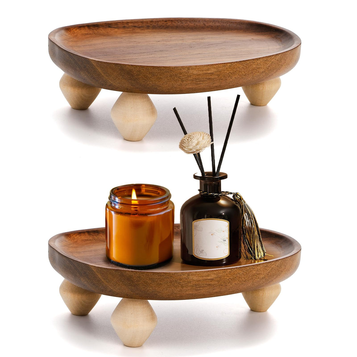 Dicunoy 2 Pack Handle Holder, 6" Wooden Display Riser Tray for Decor, Small Rustic Candle Plate Stand Pedestal for Display, Mini Candle Base Dish for Bathroom Counter Tabletop Centerpieces Kitchen
