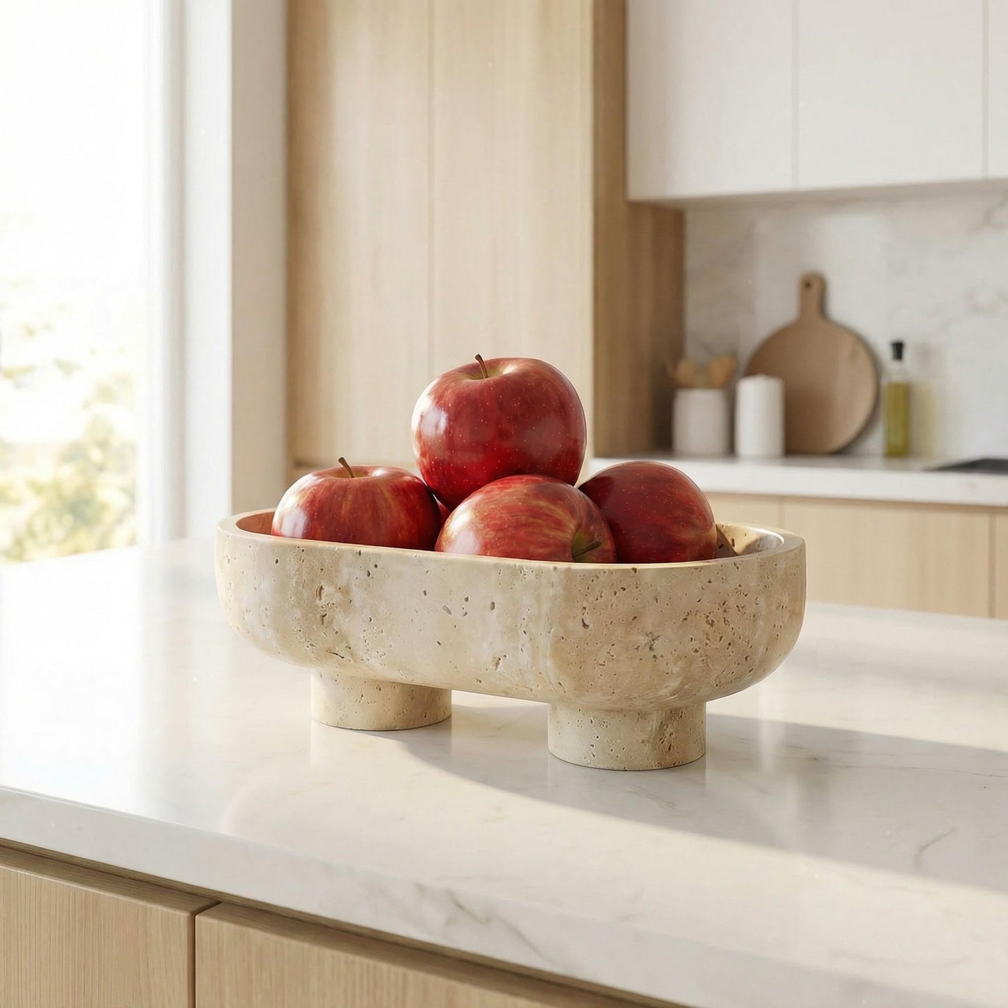 STONE COUTURE - Natural Travertine Fruit Bowl with Stand, Island Centerpiece Kitchen Decor, Key Bowl for Entryway Table, Decorative Modern Organic Home Entry Large Bowls for Keys 10" Food Safe FDA