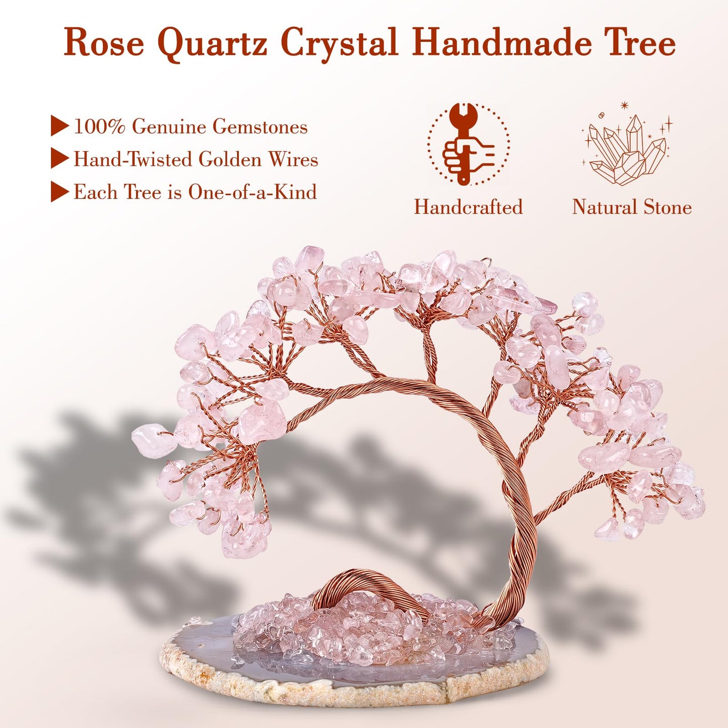 Rose Quartz Crystal Tree with Agate Slice Base - Handmade Feng Shui Money Tree for Love & Abundance, Mini Pink Desk Bonsai, Heart Chakra Healing Decor & Gift