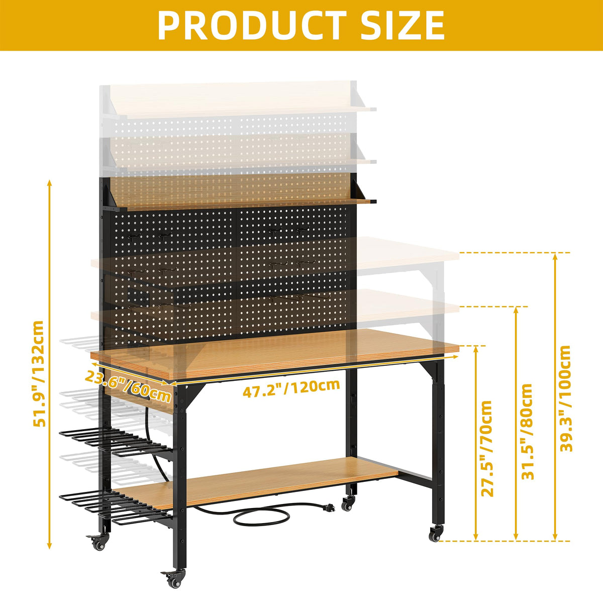 DWVO 47.2" Adjustable Height Workbench with Pegboard and Storage Shelf, Heavy Duty Work Bench with Wheels, Load 1100lb, Work Table with AC/USB Outlet, LED Light, Hooks, for Garage, Workshop, Home