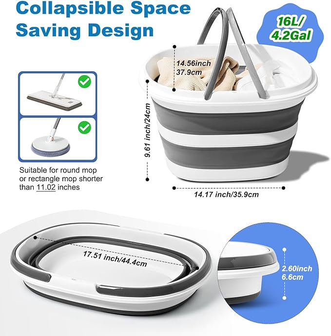 Collapsible Bucket 16L with Handles, Cleaning Mop Bucket Space Saving Foldable