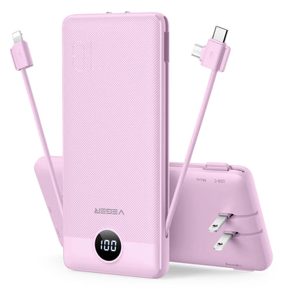 VEGER Portable Charger for iPhone Built in Cables and Wall Plug, 10000mah Slim Fast Charging USB C Power Bank, Travel Essential Battery Pack Compatible with iPhones, iPad, Samsung More Devices(Pink)
