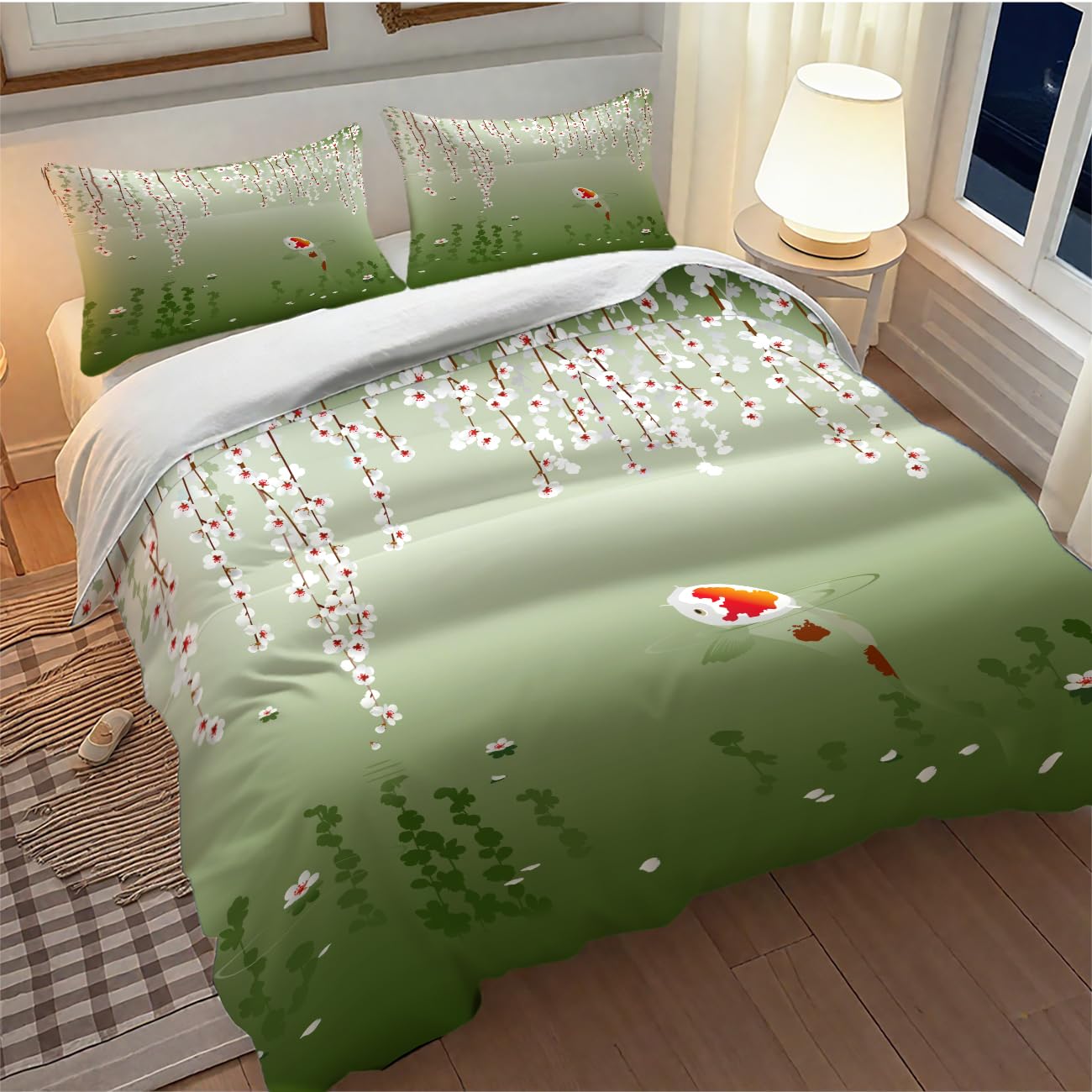 Japanese Koi Fish Bedding Set,Asian Style Traditional Japanese Koi Carp Fish Spring Cherry Blossoms Printed Retro Landscape Green Comforter Set with Pillowcase for Bedroom Bed Decor,Twin 86"x70"