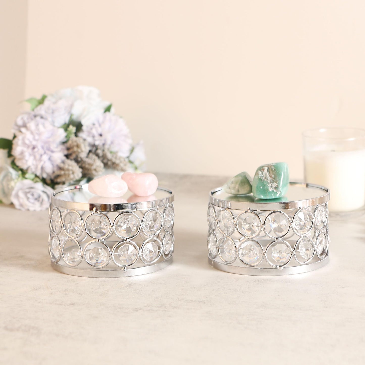 Feyarl Crystal Display Stand Riser with Mirror Base Perfume Jewelry Organizer Anime Figure Action Figure Display Stand Keepsake Decorative Decor Holder for Vanity Wedding Home Decor (Silver)