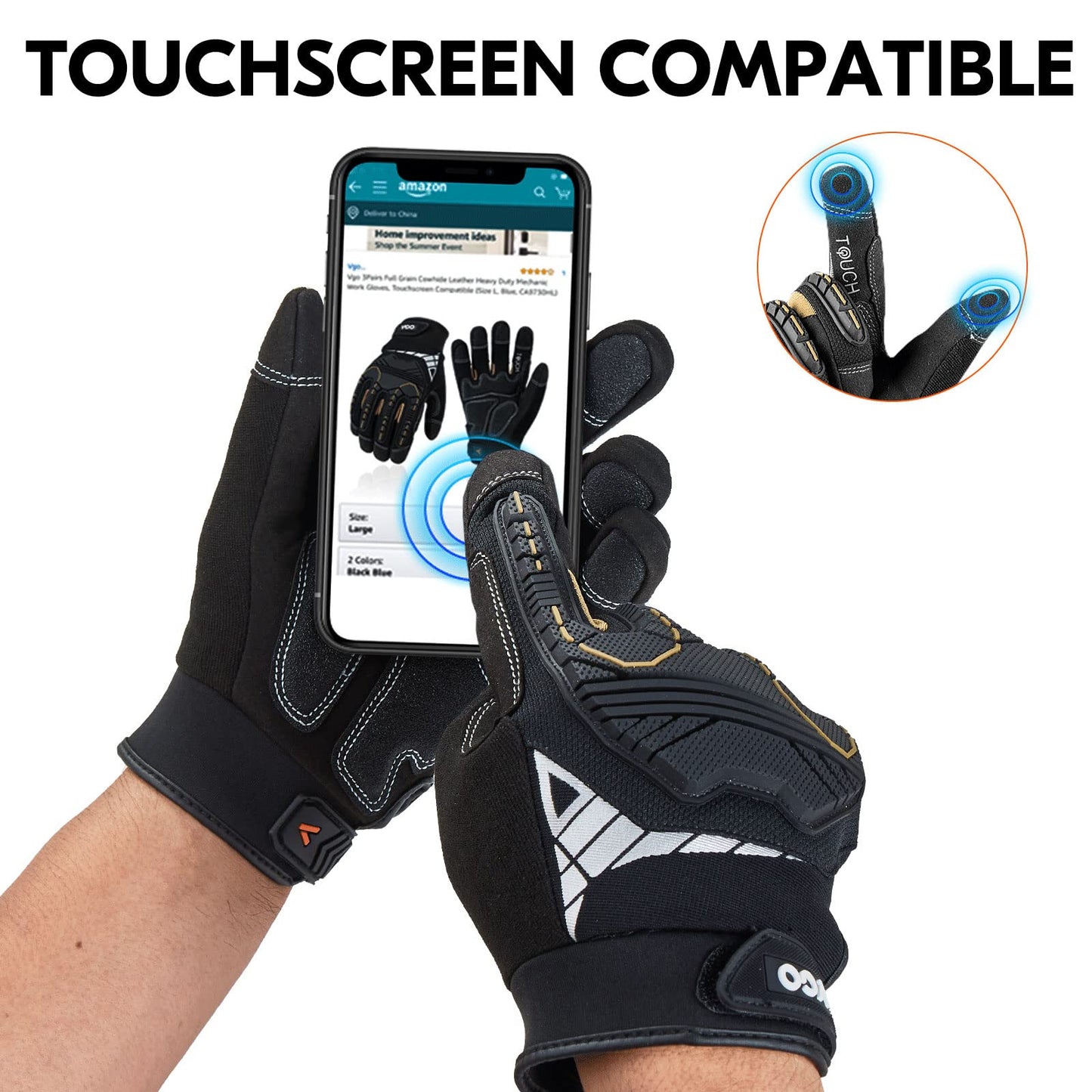 Vgo... Safety Work Gloves Touchscreen, Anti Impact Heavy Duty Gloves Antivibration for Warehouse Trucker Carpenters Fitter Moto, 1 pair