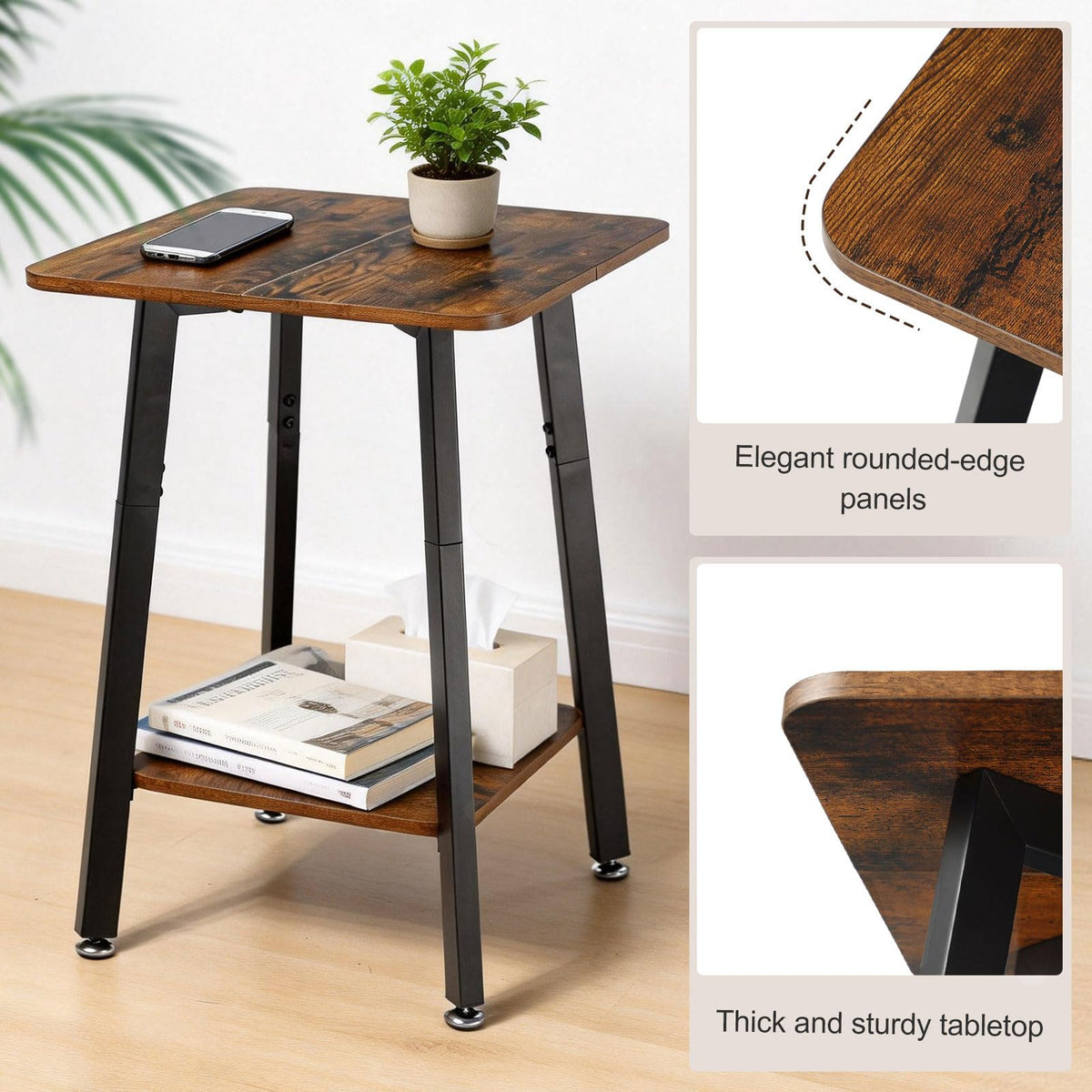 King Oasis Small Side Table for Small Spaces, 2-Tier End Table with Storage Shelf, 15.7-Inch Square Wood and Metal Nightstand for Living Room or Bedroom, Rustic Brown