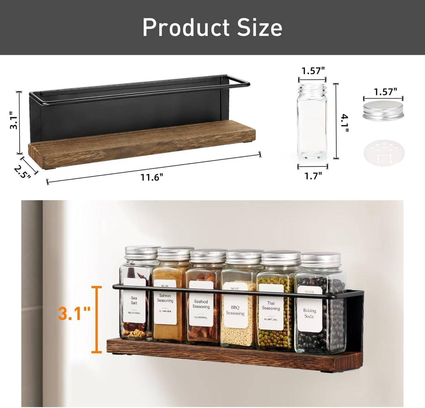 KitHero Magnetic Spice Rack with 24 Jars, 216 Labels, 1 Steel Funnel for Refrigerator，Microwave Oven - Full Set of Spice Organizer