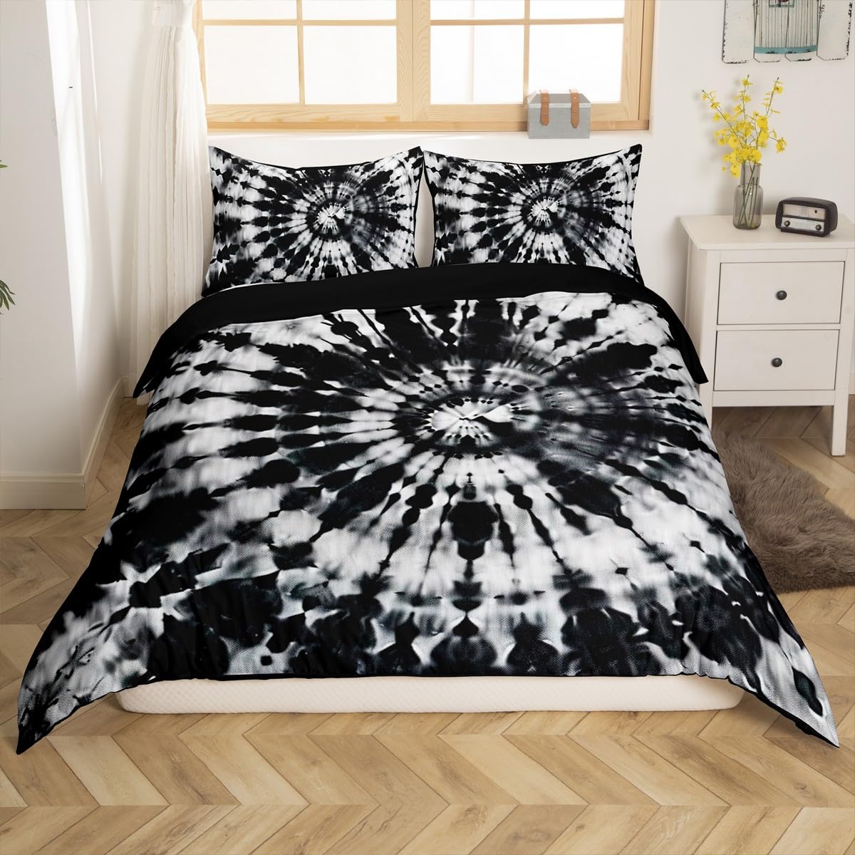 Tie-Dye Bedding Set Adult Women Black Abstract Swirl Hippie Theme Comforter Cover Spiral Tie-Dye Decor Bedspread Hippy Bohemian Gypsy Style Duvet Cover Soft Micorfiber Quilt Cover, Full Size