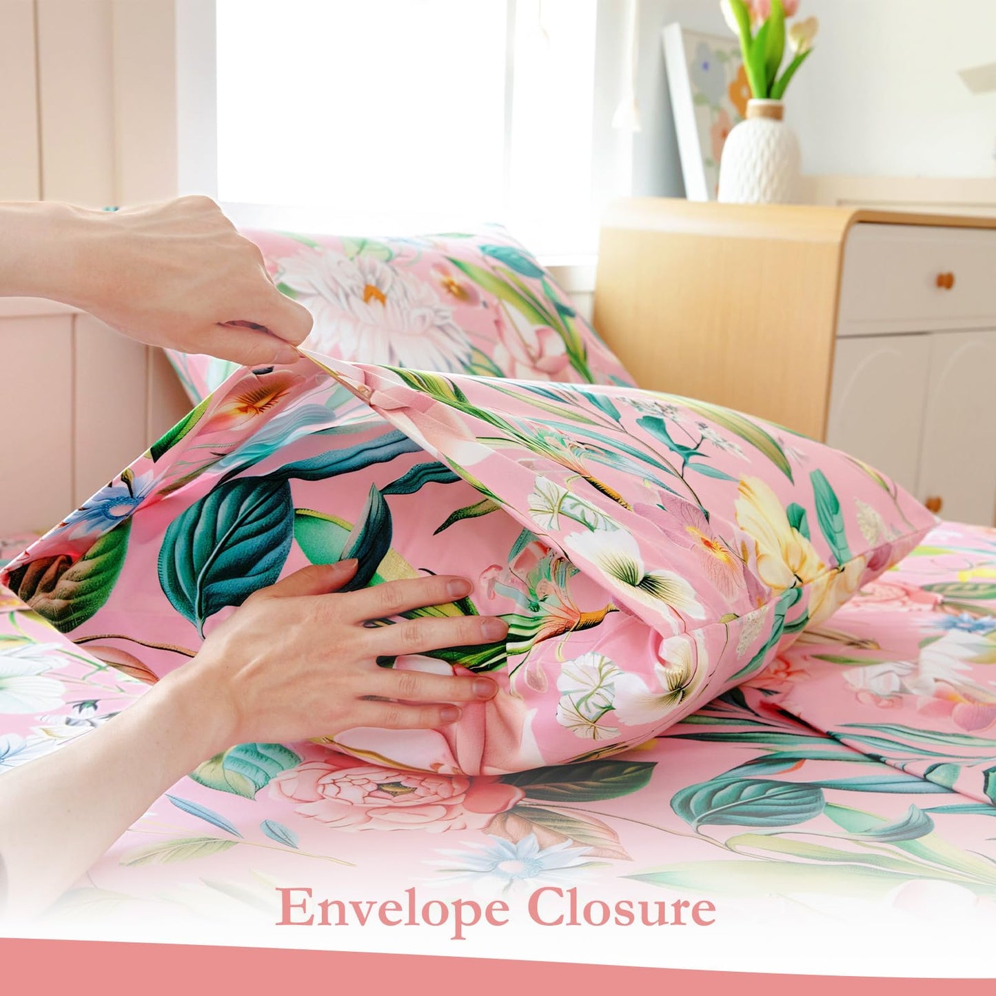 MICORAL Boho Floral Queen Sheet Set, 4-Piece Printed Botanical Bed Sheets, 16" Deep Pocket, Ultra Soft & Cooling Sheet, Oeko-TEX Certified, Blossoming Pink