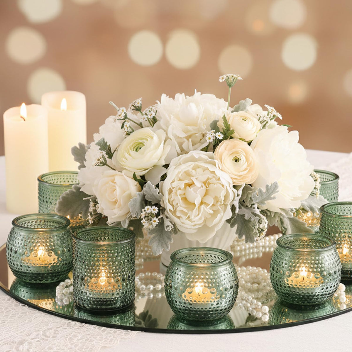 16 Pcs Green Candle Holder for Wedding Table Decor-Green Votive Candle Holders for Rustic Wedding Centerpieces, Bridal Shower Decor, Tea Party Decorations