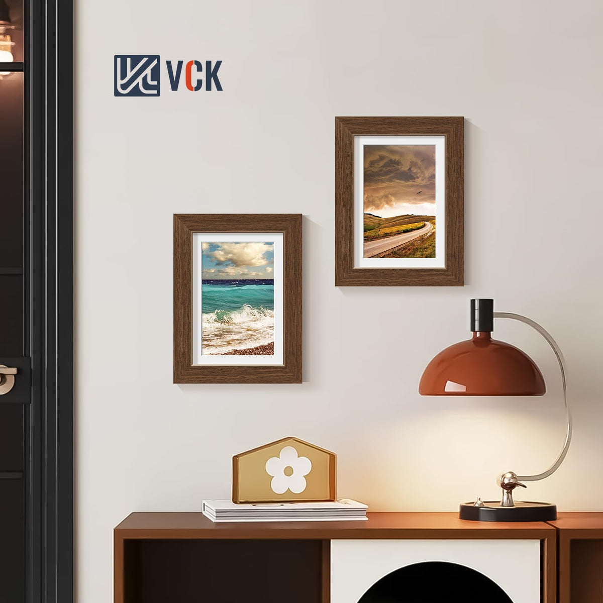 VCK 5x7 Picture Frame with Glass - 4 Pack, Display Pictures 4x6 with Mat or 5 x 7 without Mat - Wall and Tabletop, 5 by 7 Photo Brown Wooden Frames