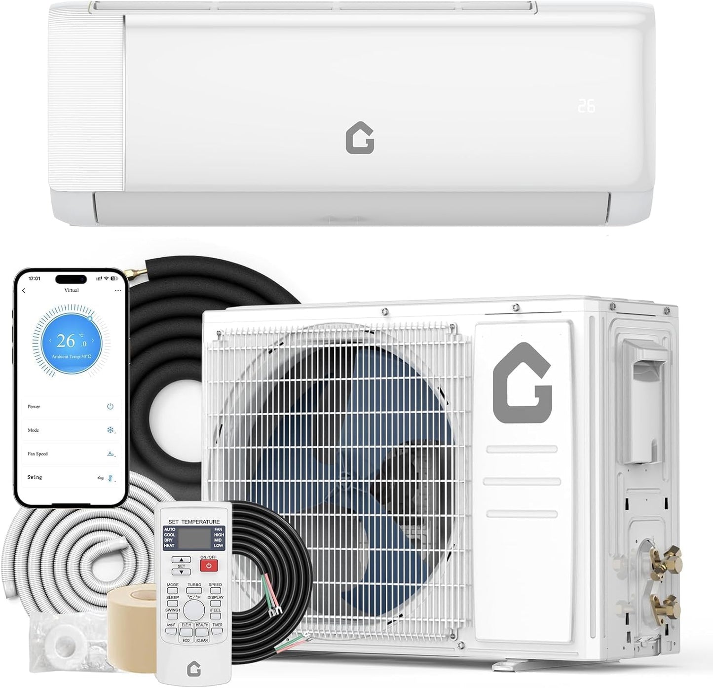 12,000 BTU Mini Split Air Conditioner & Heat Pump, 21 SEER2 Ductless Inverter, Smart WiFi, DIY Install Kit, Ultra-Quiet, Remote, 230V, Covers 750 Sq.ft, Energy Efficient, 5-Year Warranty