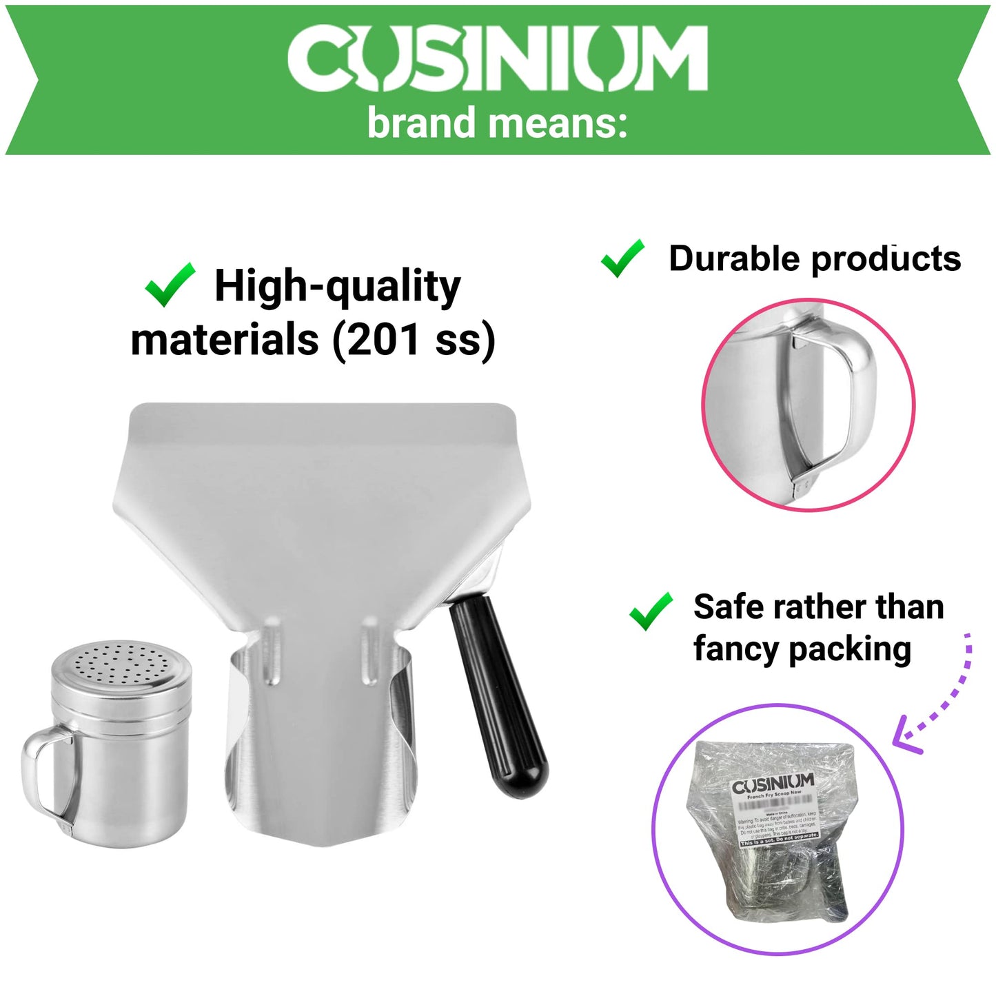 CUSINIUM Popcorn Scoop Right Handle and Medium Holes Dredge Set - Metal Popcorn Scooper - French Fry Scoop - No Seasonings/Consumables included