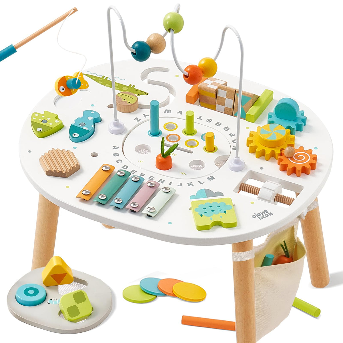 Giant bean® Wooden Activity Table for 1 Year Old, 11-in-1 Montessori Learning Table with Bead Maze, Shape Sorter, Fishing Game & More – Sensory Development Toy for Toddlers, Ideal 1st Birthday Gift