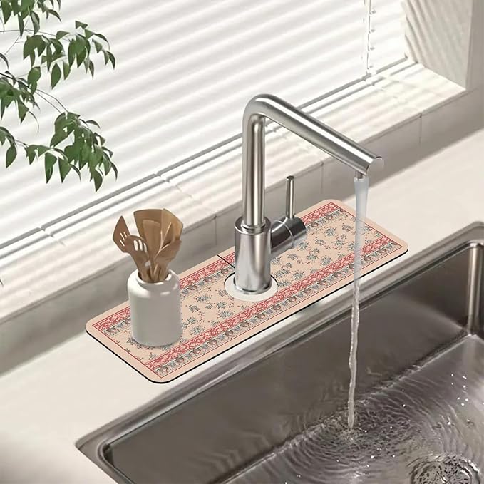 Sink Splash Guard Faucet Mat Retro Boho Flowers Absorbent Fast Drying Mat Sink