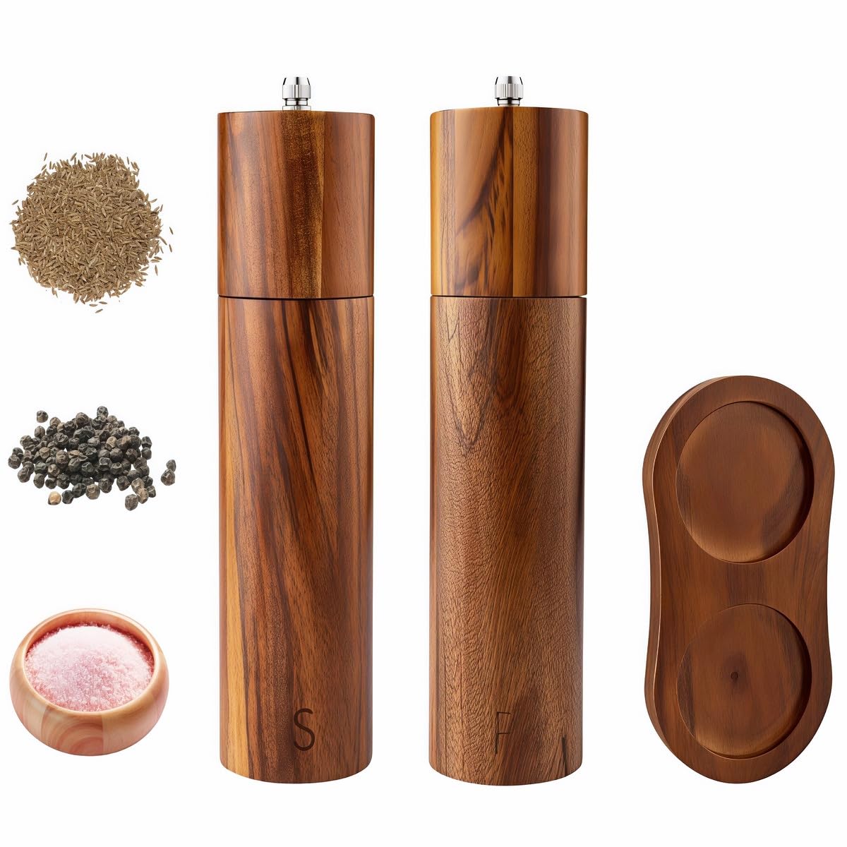 Wooden Salt and Pepper Grinder Set with Tray, 8 Inch Manual Mills, Adjustable Coarseness & Refillable, Gold Bottle Label, Natural Wood for Kitchen, Home, Christmas Gift