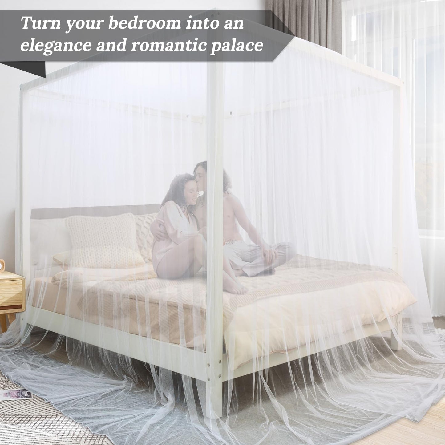South to East White Canopy Bed Curtains, 4 Corner Post Bed Canopy for Girls & Adults, Top Luxurious Bed Drapes for Bedroom Decoration, 4 Openings, 100% Ripstop Polyester, Easy Install, King/Queen Size