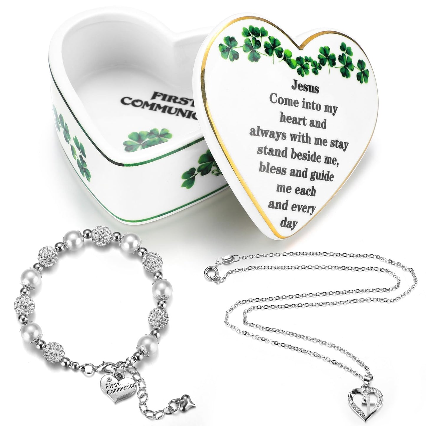 FoldTier 3 Pcs First Communion Gifts Cross Necklace First Communion Bracelet Irish Shamrock Jewelry Keepsake Box Precious Baptism Christening Gifts