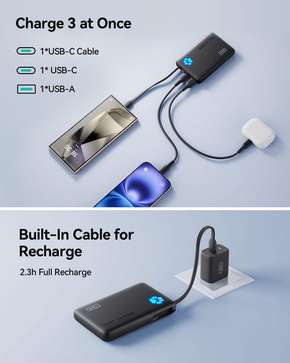 INIU 45W Portable Charger, 10000mAh Built-in USB C Cable Fast Charging Power Bank, Small Type C Battery Pack, Powerbank for iPhone 17 16 15 14, iPad, Samsung S25 S24 etc. Travel Camping Essentials