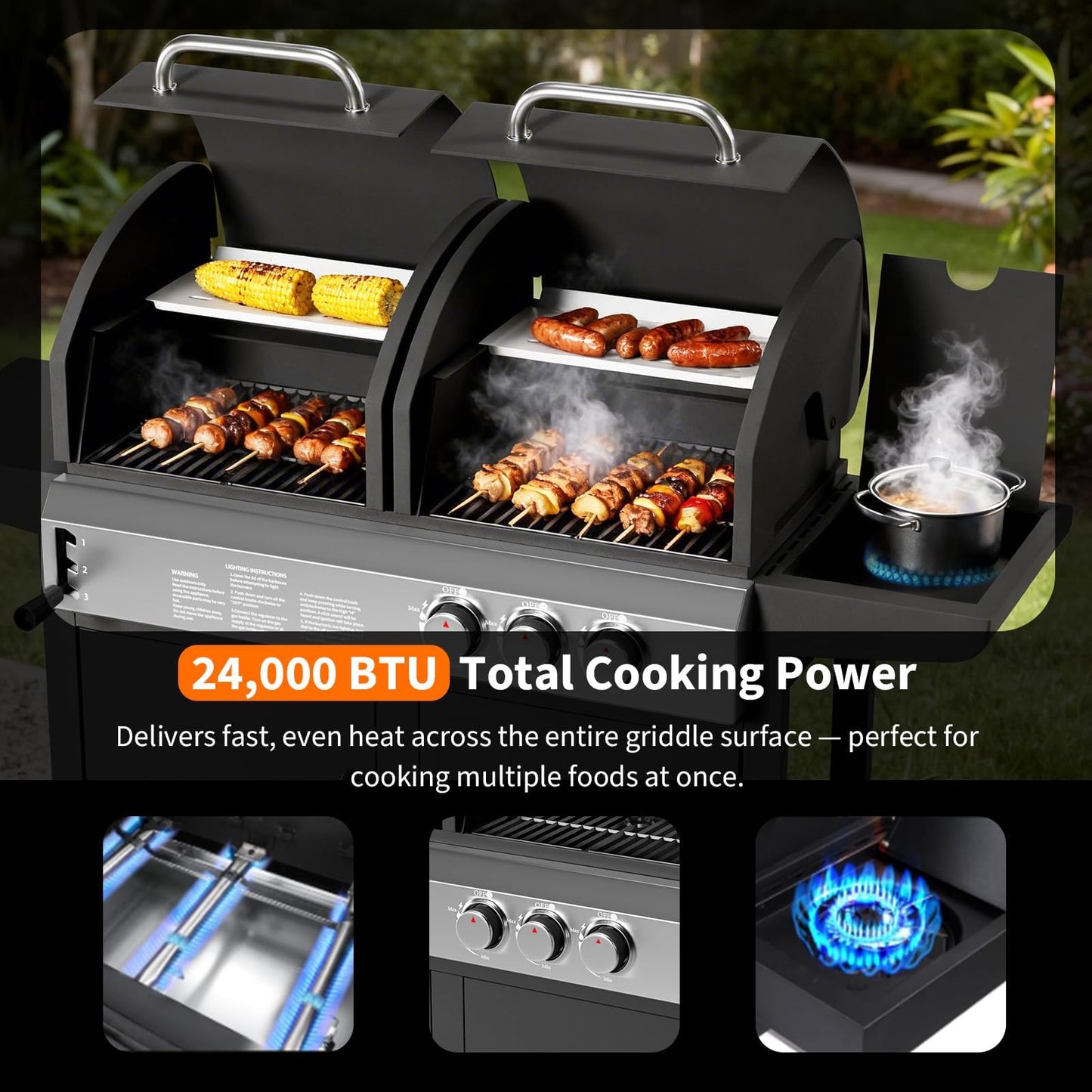 PeakPursuit Dual Fuel Gas & Charcoal Grill Combo – 24,000 BTU Main Disposables, 8,000 BTU Side Disposable, 690 Sq.In. Porcelain Grate, Stainless Steel, Storage Cabinet, Wheels – 24,000 BTU