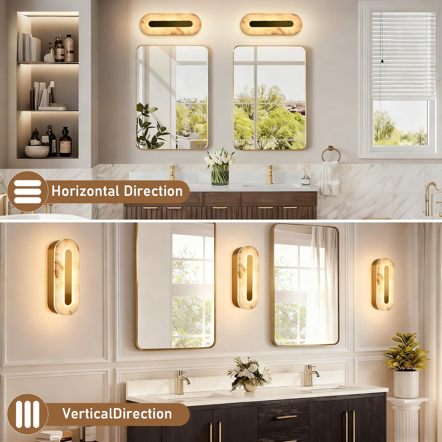 YMDHFS Alabaster Wall Sconces Natural Marble Wall Sconce Oval Stone Wall Light Gold Marble Bathroom Vanity Light Fixtures LED Bedroom Alabaster Lights for Living Room Showroom Staircase Hardwired