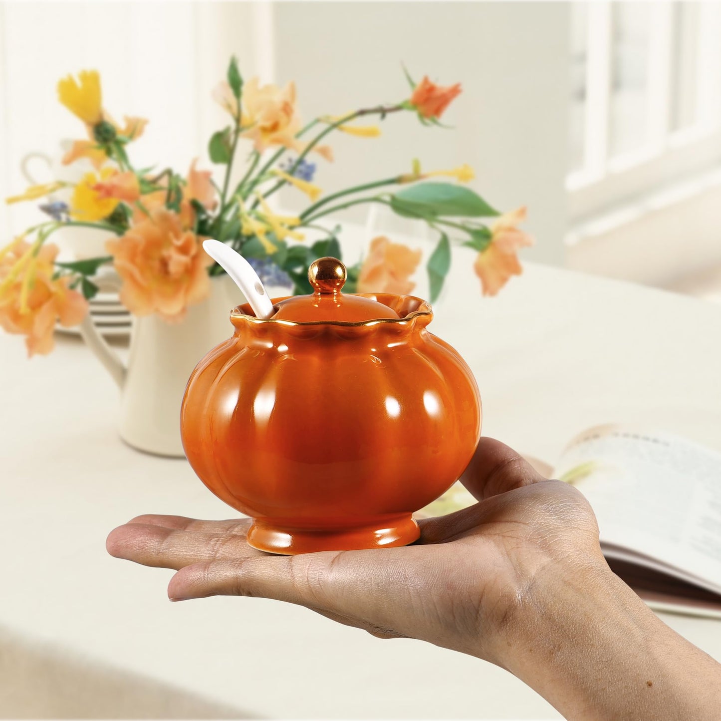 Ursword Ceramic Sugar Bowl, Salt Cellar with Lid and Spoon, 9oz Sugar Jar for Coffee Bar, Salt Box Sugar Containers for Seasoning, Spice, Sauce, Elegant Decor for Kitchen Countertop