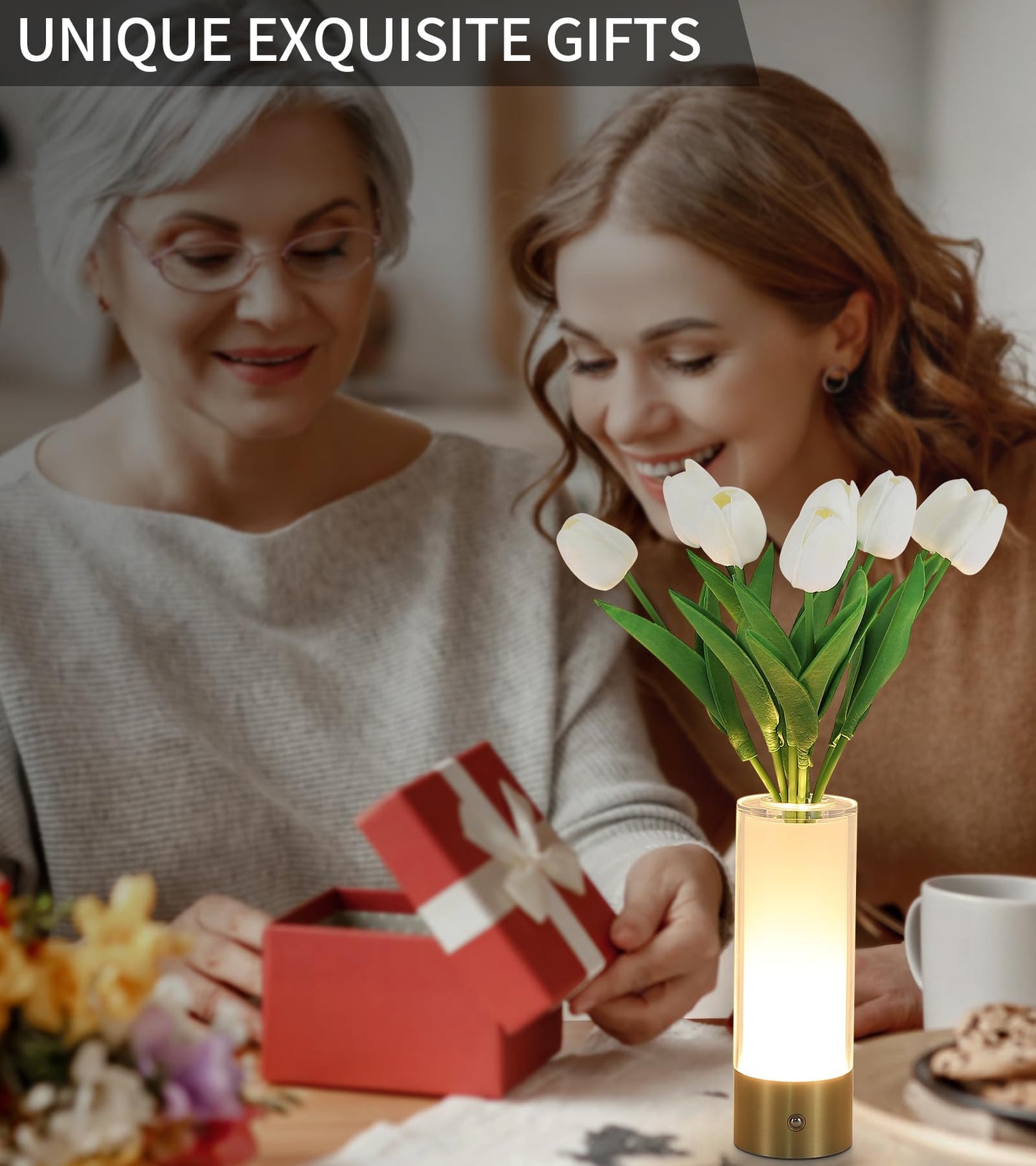 AIHYING Flower Night Light,Touch Vase Lamp,Rechargeable Cordless Table Lamp,Dimming Small Mood Lighting for Dining Table/Bed Room/Bathroom/Closet,Gifts for Women/Mom, Artificial Tulips Included