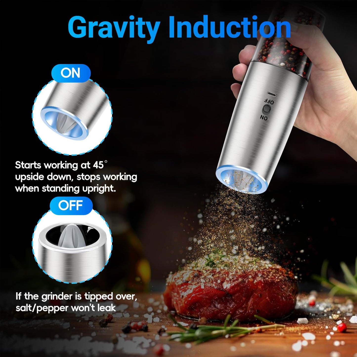 MealHelper Rechargeable Gravity Electric Salt and Pepper Grinder Set with LED Light, Type-C Fast Charging, Adjustable Coarseness, Large Capacity Grinder for Kitchen & Outdoor, (2 Pack-Stainless Steel)