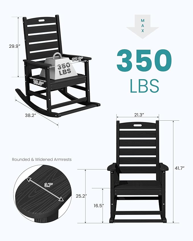 SERWALL Outdoor Rocking Chair Set of 2, Oversized Rocking Chair with Footboard for Adults, HDPE All Weather Resistant Rocking Chairs for Patio, 350lbs Weight Capacity, Black