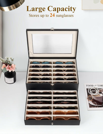 Huvon Sunglasses Storage Organizer Case with 24 Adjustable Slots, 2 Layer Multi Eyeglass Glasses Display Box with Lid Women
