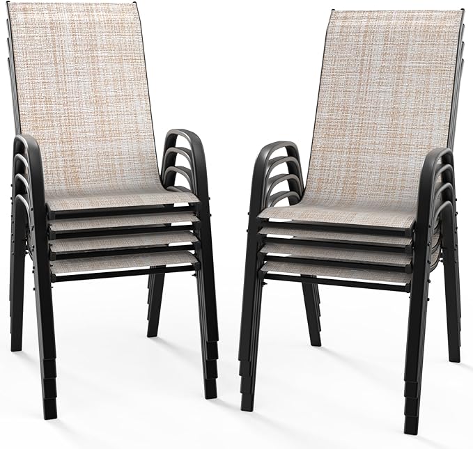 VINGLI Patio Chairs Set of 8 – Stackable Outdoor Dining Chairs with Comfortable Sling High Back Chairs and Armrests for Lawn, Poolside, Courtyard, Balcony, Garden, Yellow