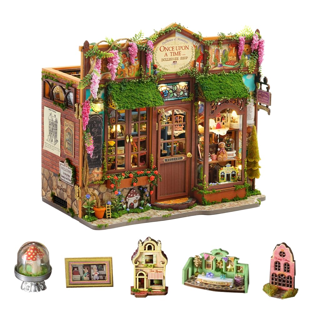 DIY Dollhouse Miniature Kit, Mini Fairy Tale Shop Puzzle Model 1:24 Scale Dolls House Store Furniture Accessories and LED Lights Kid Boy Girl Birthday